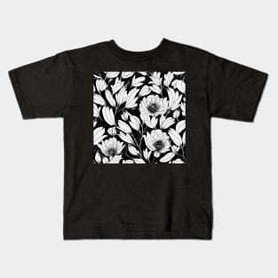 Black and White Vintage Floral Cottagecore Romantic Flower Peony Rose Leaf Design Kids T-Shirt